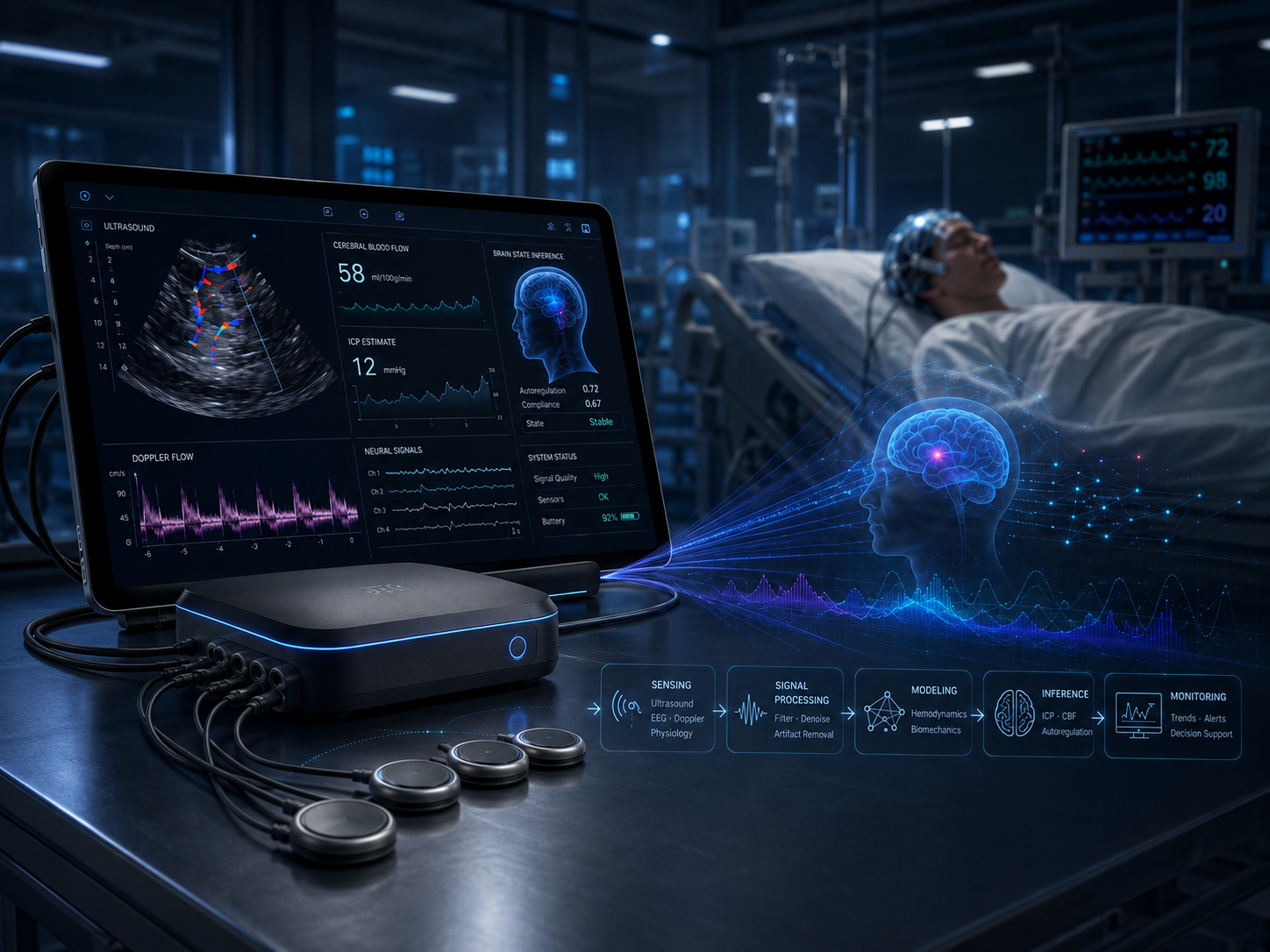 Bedside acousto-encephalography platform monitoring brain perfusion and intracranial pressure
