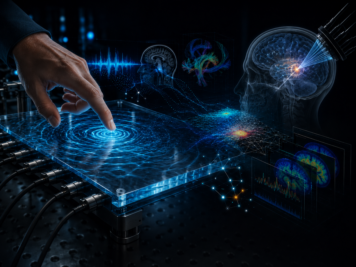 Guided-wave ultrasonic touchscreen and transcranial ultrasound sensing experiment